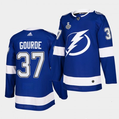 Adidas Tampa Bay Lightning #37 Yanni Gourde Blue Home Authentic 2021 NHL Stanley Cup Final Patch Jersey